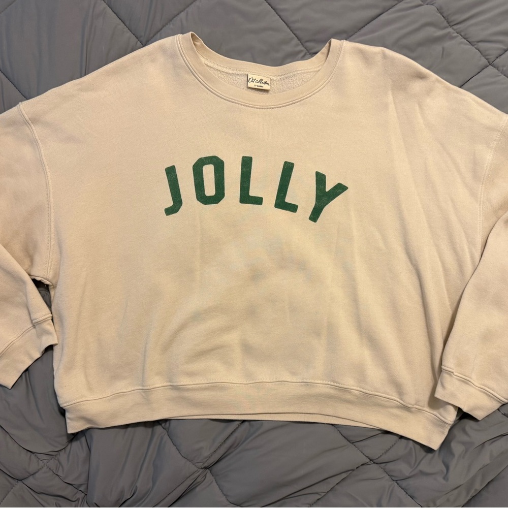 Oat Collective Cropped Jolly Cream Sweatshirt with Green Lettering